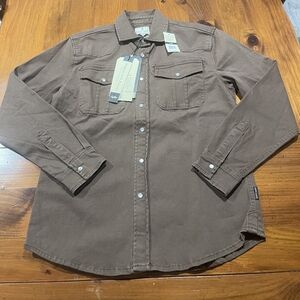 NWT Scott James England Unisex Brown Cotton Snap Button Pocket Barn Shirt Size S